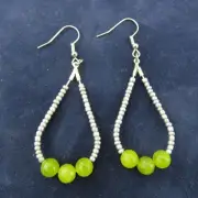 Green Peridot Teardrop Dangle Earrings Gemstone Beaded Silver Tone Artisan