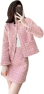 [Generic] Women Vintage Tweed Two Piece Set Crop Top Woolen Short Jacket Coat + Mini Skirts Sets