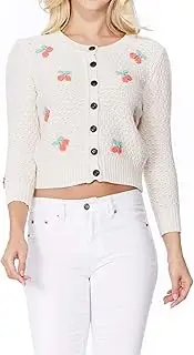 [YEMAK] Women's Cherry Pompom 3/4 Sleeve Cropped Honeycomb Knit Cardigan Sweater