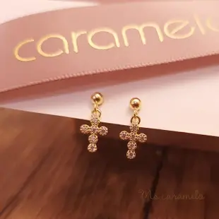 【焦糖小姐 Ms caramelo】925純銀鍍K黃 鋯石耳環(十字架耳環)