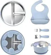Stainless Steel Toddler Plate with Suction - Divided Kids Baby Plate Toddler Bowl with Fork Spoon Bib - Microwave-Safe Led Weaning Supplies Tableware for High Chair Travel Outdoor Indoor Table