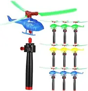 FUNNETOYU 9pcs Flying Helicopter with Handheld Launcher Outdoor Fun for Helicopter Figures for Parties and Family Gatherings
