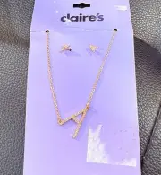 Claire’s Girls Initial Earrings & Necklace Set "A" Gold Tone