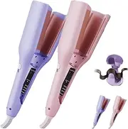 French Curls Iron, Create Frizz-Free French Curls Effortlessly Curling Irons, V-Shaped Curved Design, 4 Adjustable Settings for Home and Travel (Pink+Purple)