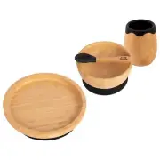 4pc Tiny Dining Black Round Bamboo Baby Feeding Set Weaning Plate Bowl Spoon