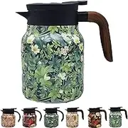 Vintage Floral Pattern Teapot with Built-in Infuser & Lid - Insulated Stainless Steel Loose Leaf Tea Pot, Stainless Steel Thermal Carafe with Lid for Hot Drinks (Wood Handle fowers,800ml)