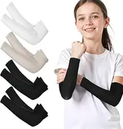 [Telooco] 4 Pairs Kids Arm Sleeves Nylon Breathable Elastic Compression Arm Sleeve UV Sun Protection Arms Sleeves for Men Women Suitable for Teenagers and Children'S Outdoor Sports (Black, White And Gray)