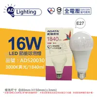 在飛比找樂天市場購物網優惠-ADATA威剛照明 LED 16W 3000K 黃光 E27