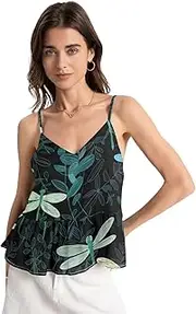 [ODAWA] Spaghetti Top Dragonflies Leaves Black V Neck Sleeveless Spaghetti Straps Blouse Adjustable Women's Chiffon Camisole