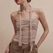 Set: Plain Ruched Tube Top + Scarf With Scarf - Khaki - S