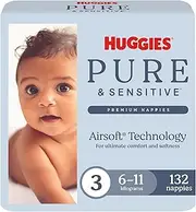 Huggies Pure & Sensitive Nappies, Size 3/6-11 kg (Pack of 136)