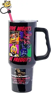 Silver Buffalo Five Night at Freddy's Special Delivery Stainless Steel Tumbler with Handle and Straw, Fits in Standard Cup Holder, 40 Ounces