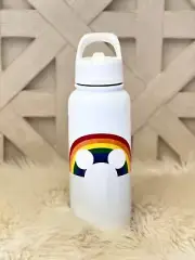 Disney Pride Mickey Mouse White Water Bottle Stainless Steel Rainbow Straw NEW