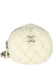 Chanel White Leather & Fabric Mini Circle Clutch On Chain (Authentic Pre- Loved)
