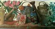 YORK wallpaper border cream Water can flower tulip ivy seed poppy 10" 5 yards