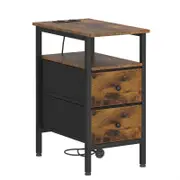 Advwin LED Side Table Sofa End Table w/ Charging Station & 2 Drawer Narrow Bedside Table Walnut
