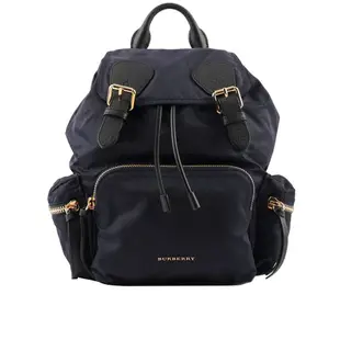 【BURBERRY 巴寶莉】The Rucksack尼龍拼皮革中型軍旅後背包_展示品(海軍藍)/ 平行輸入