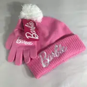 Girls Barbie Pom Beanie And Glove Set Pink