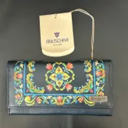Anuschka RFID Tri-fold Handpainted Leather Wallet Navy Pink Tulip Floral NWT