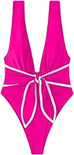 [Hilinker] Women Bowknot Swimsuit Deep V Neck Tummy Control, Hot Pink, S