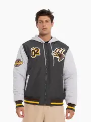 Hawthorn Hawks AFL Mens Patchworks Bomber Jacket | WASHED BLACK by Sporting Hous