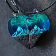 Wood Resin Pairing Heart Pendant Mountain Necklace Couple Birthday Valentine's Day
