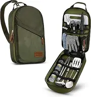 Camp Kitchen Utensil Organizer Travel Set - Portable 8 Piece BBQ Camping Cookware Utensils Travel Kit with Water Resistant Case|Cutting Board|Rice Paddle|Tongs|Scissors|Knife and Bottle Opener