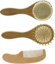 KOMBIUDA Hair Brush Comb Set Natural Wool Brush for Newborns Wooden Hair Comb Scalp Massager Emotion Soothing