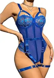 SHEKINI Sexy Dessous Spitze Body Damen Transparent Reizwäsche Teddy Bodysuit Durchsichtige Lingerie Set mit Strumpfgürtel Curvy Erotische Unterwäsche Frauen mit Schnalle im Schritt