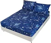 3 Pcs Bedding Sheet Set Space Galaxy Sheets Planets Stars Rockets Queen Sheet Set for Kids Teens and Space-Lovers,Super Soft Microfiber with1 Fitted Sheet and 2 Pillowcases,Queen Size