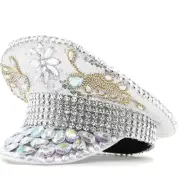Crystal Studded Captain Hat Sparkling Sequins Flat Top Hat Wedding Bridal