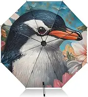[PDZRMY] UV Protection Travel Umbrella Penguin Florals Compact for Rain and Sun - Auto Open and Close UPF 50+ Windproof Portable 46” Sun Umbrella for Women and Men