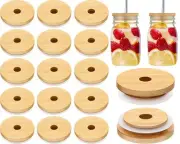 20 Pieces 70mm Bamboo Jar Lids Bulk with Straw Hole for Glass Cups Reusable W...