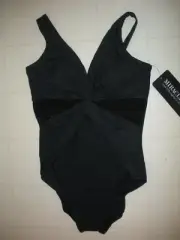 MIRACLESUIT Black Twist of Fate 1 PC V Neck Mesh Cut Out Swimsuit Sz 16 NWT