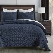 HORIMOTE Home Quilt Set King Size Navy Blue, Classic Geometric Diamond Stitched Pattern, Pre-Washed Ultra Soft Lightweight Quilted Bedspread Coverlet for All Season
