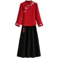在飛比找蝦皮購物優惠-中國風女裝改良漢服女古著立領盤扣紅色唐裝上衣兩件套民族風套裝