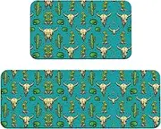 Cute Cactus and Skull of Bull Print Kitchen Floor Mat 2 Sets Non-Slip Rugs for Kitchen Laundry Office and Home Decor