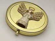 Monet Gold Tone Compact Mirror Borealis Rhinestone Angel Halo Christmas
