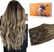 DOORES Clip in Hair Extensions Human Hair Balayage Chocolate Brown to Honey Blonde 18 Inch 7pcs 120g Remy Hair Extensions Clip in Straight Natural Hair Extensions Clip in Real Extensions
