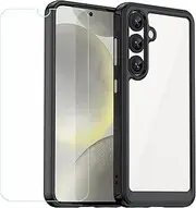 LCEHTOGYE Carbon Fiber Cover for Samsung Galaxy S25 + HD Tempered Glass,Shell Protective Back Case - Anti-Scratch Screen Protector for Samsung Galaxy S25 (6,3")-MFXC - Black