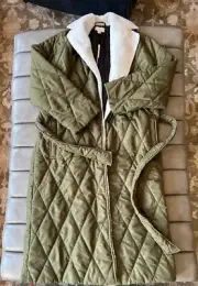 Topshop Quilted High Pile Trench Coat Size 2 Olive/army Green Long Puff Sherpa