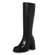 Black Leather Boots Platform Knee High Boots for Women Chunky Block Heeled Bo...