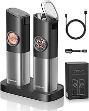 FORLIM Gravity Electric Salt and Pepper Grinder Set, Upgraded Large Capacity, USB Rechargeable Automatic One Hand Operated, Adjustable Coarseness, Auto Dust Lid, LED Light(Stain Steel Grey)