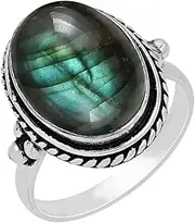 [Sterling Silver Jewelry] 8.90ctw,Genuine Labradorite 12x16mm Oval & .925 Silver Overlay Handmade Rings