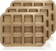 LDXDRU 3 Pack 12 Hole Gold Brownie Cake Pan, Non-Stick Brownie Tray, Carbon Steel Mini loaf Pans Square Cake Pan Chocolate Cake Tin for Cheesecake Mini Cake Oven Baking