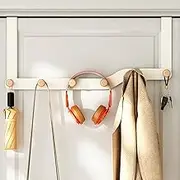 Dynus Over The Door Hook Hanger with 6 Wooden Door Hooks, Metal Coat Rack for Coat Towels Bags,Back of Living Room,Bedroom,Bathroom, Kitchen, or Office (White)