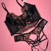 Victoria's Secret 34C,36B,36DD,38DD CORSET TOP BRA SET S,M RED CHERRY EMBROIDERY