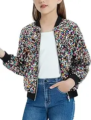 [EXARUS] Girls Sequin Bomber Jacket with Pockets Sparkle Lightweight Zipper Long Sleeve Jackets for Kid 6-12Y