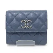 CHANEL Small Flap Wallet Caviar Skin Matlasse Tri Fold Wallet Blue Rhinestone
