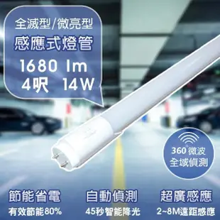【APEX】T8 LED 微波感應燈管 4呎 14W 白光45秒 全滅型/待燈50%微亮型